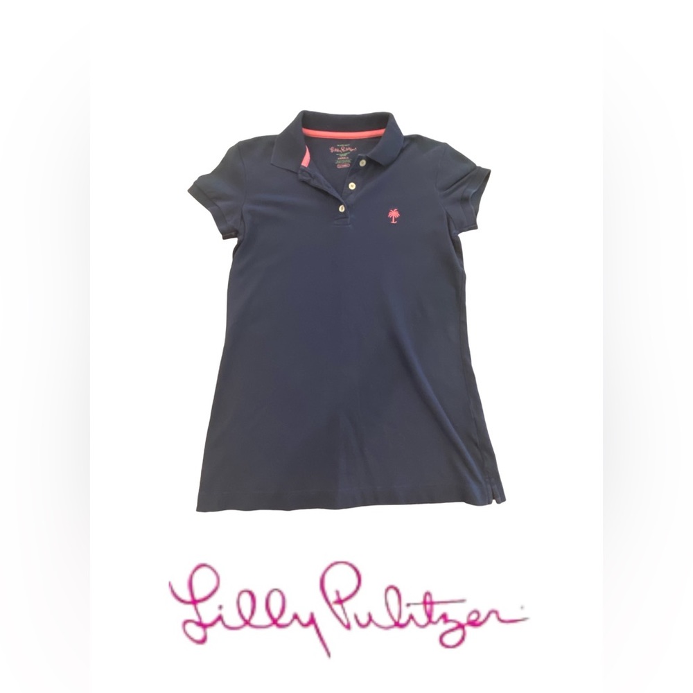 Lilly Pulitzer Navy Polo with Signature Pink Lilly Palm Tree Logo